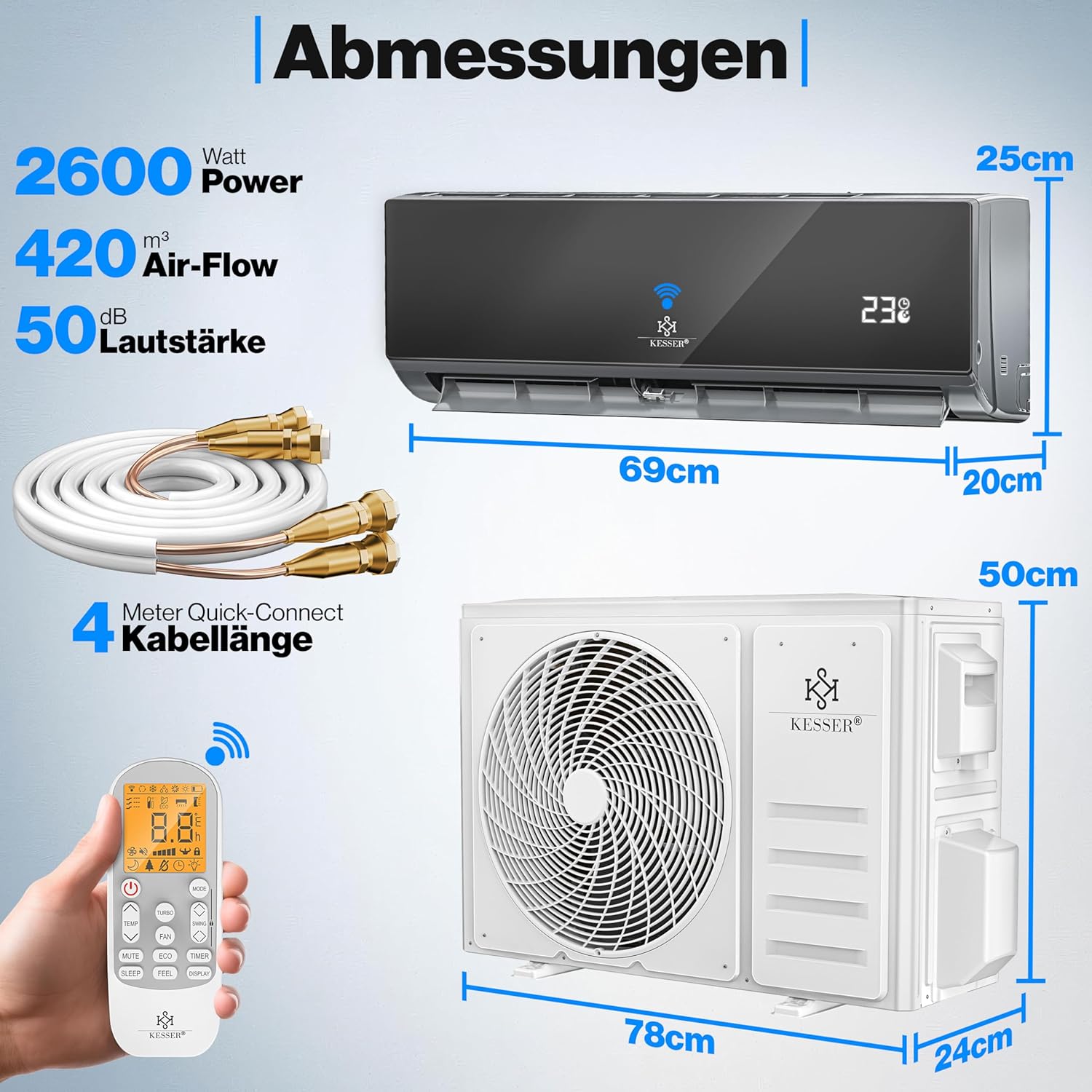 KESSER® Split Klimaanlage Set Quick Connect 9000 BTU 2,6 kW – WiFi & App Klimagerät mit Heizfunktion & Kühlmodus Wandklimaanlage, mit Kupferleitung Kältemittel R32 Inkl. Montagematerial