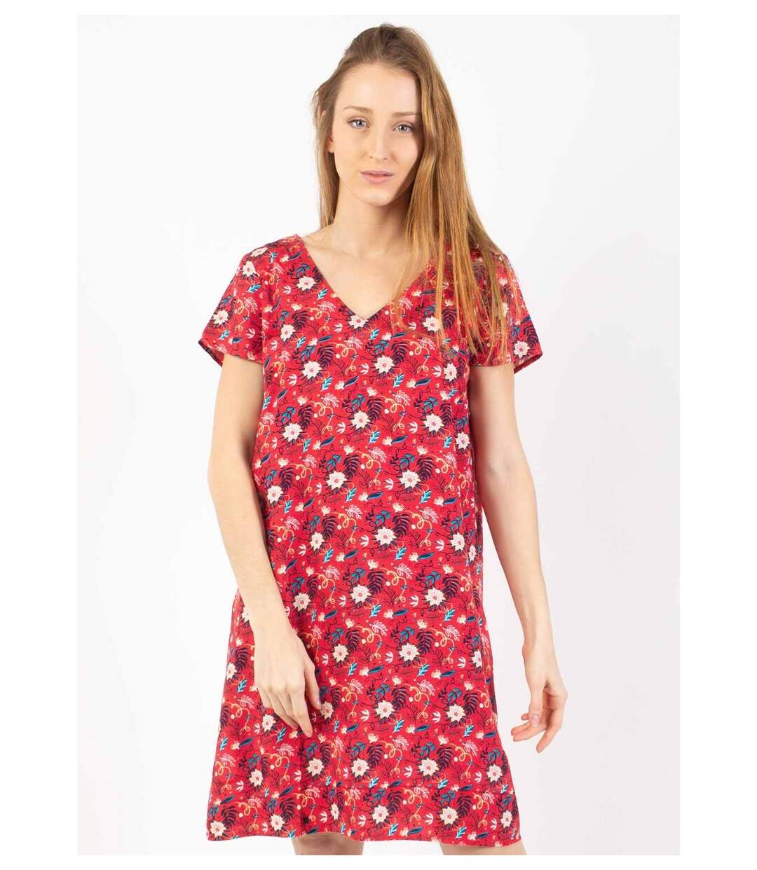 Robe courte fluide col en V CARLA imprimé fleuri rouge Coton Du Monde