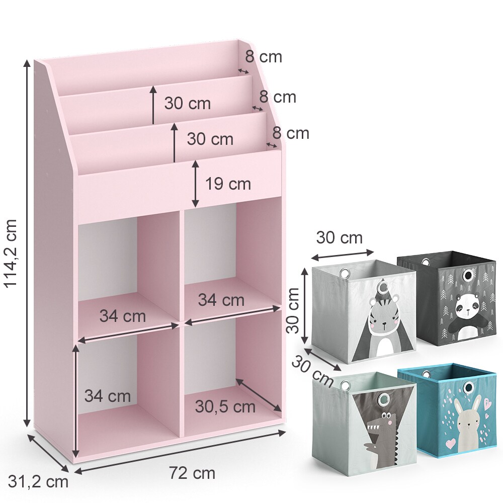 Vicco Kinderbücherregal Luigi 72 x 114 cm, Rosa, Kinderzimmerregal, offene Fächer, groß, Faltboxen