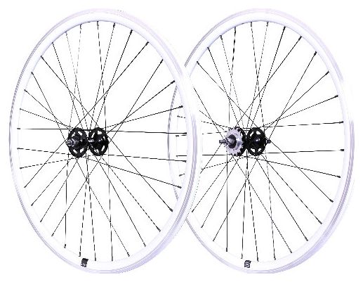 PAIRE ROUES 700 FIXI 550 BLANC VELOX TRACK FLIP-FLOP ECROUS PIGNON 16T 32 RAYONS.