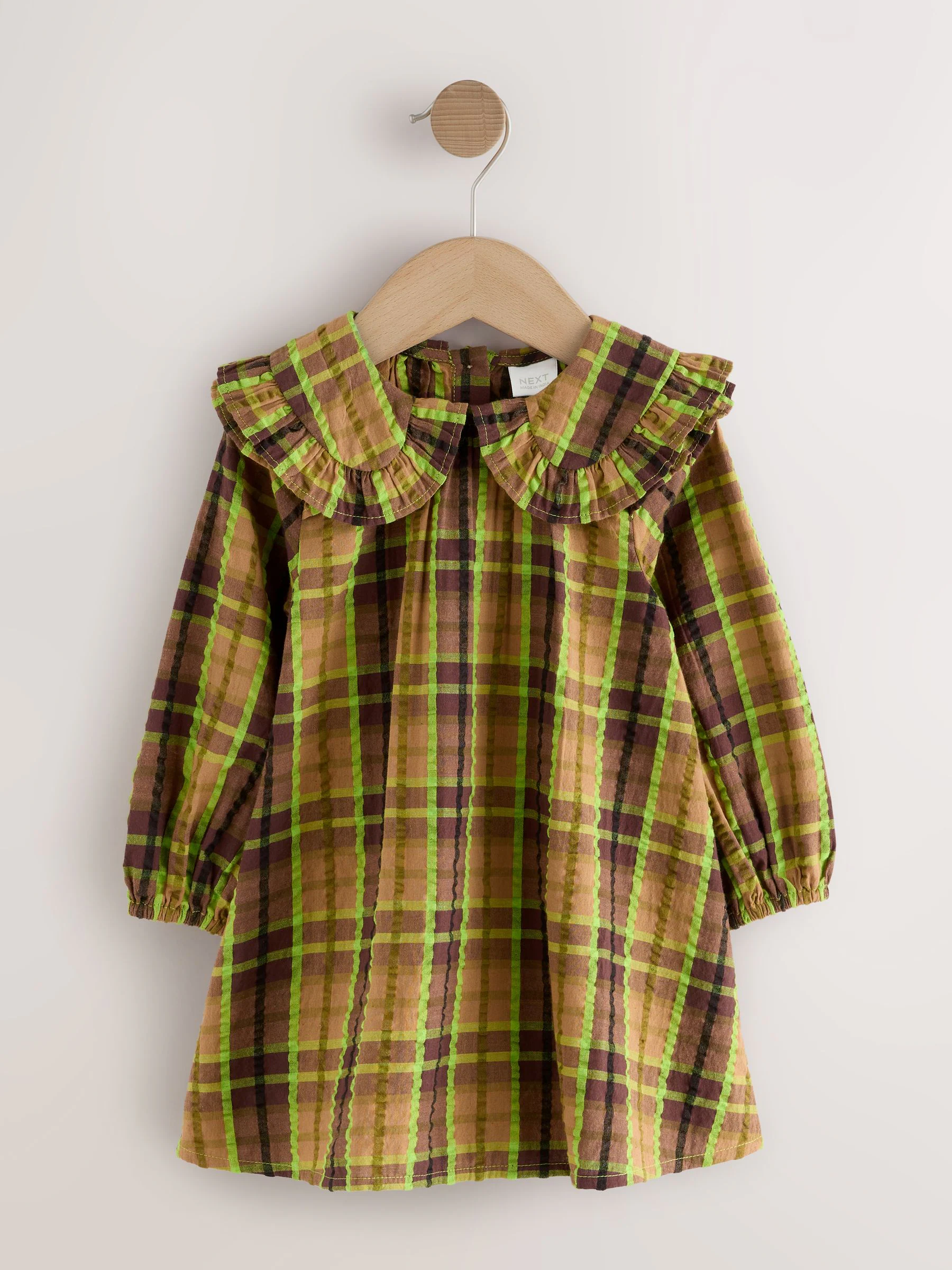 Chocolate/Lime Check - Frill Collar Long Sleeve Dress (3mths-8yrs)