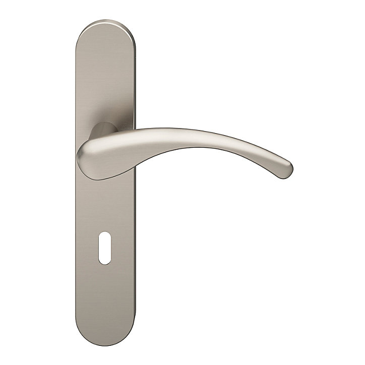 Ensemble poignée sur plaque rond serrure GoodHome Ruis effet nickel satin gris L.138.5mm x l.42mm entraxe 165-195mm