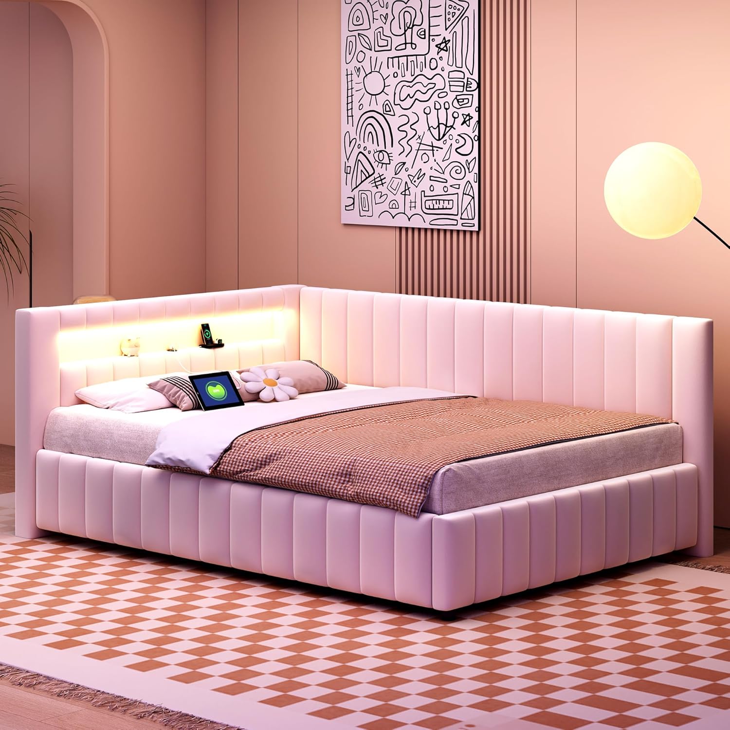 ANIROY L-förmige Schlafsofa 140x200cm, Samtstoff Polsterbett Daybett Sofabett mit LED und USB, Doppelbett Bettgestell mit Lattenrost und Rückenlehne (Beige A)