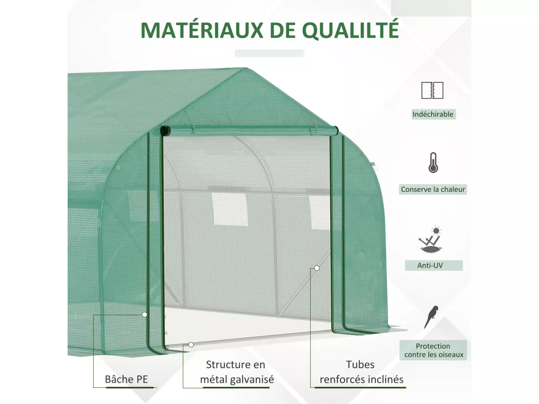 Serre tunnel de jardin grande taille dim. 3,47L x 3l x 2H m - 6 fenêtres et porte zippée enroulable - acier galvanisé PE haute densité vert