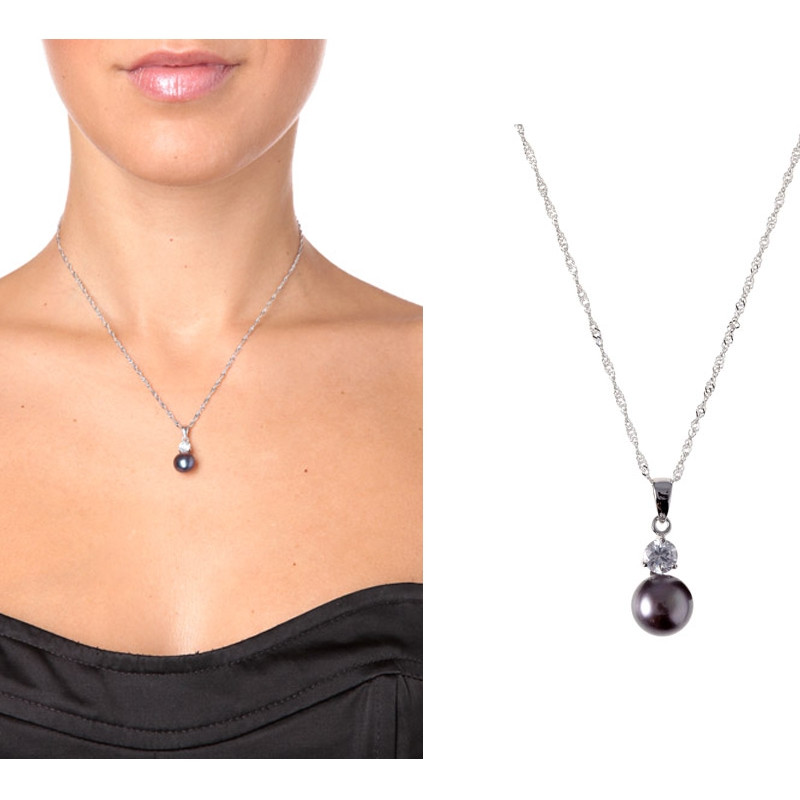 Pendentif en Argent 925 Perle de culture Noir et Pierre Cz