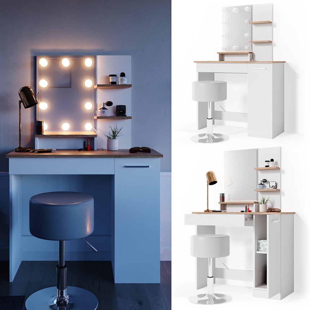 VICCO LED Schminktisch JULIA Frisiertisch Kommode Spiegel Weiß Eiche Hocker