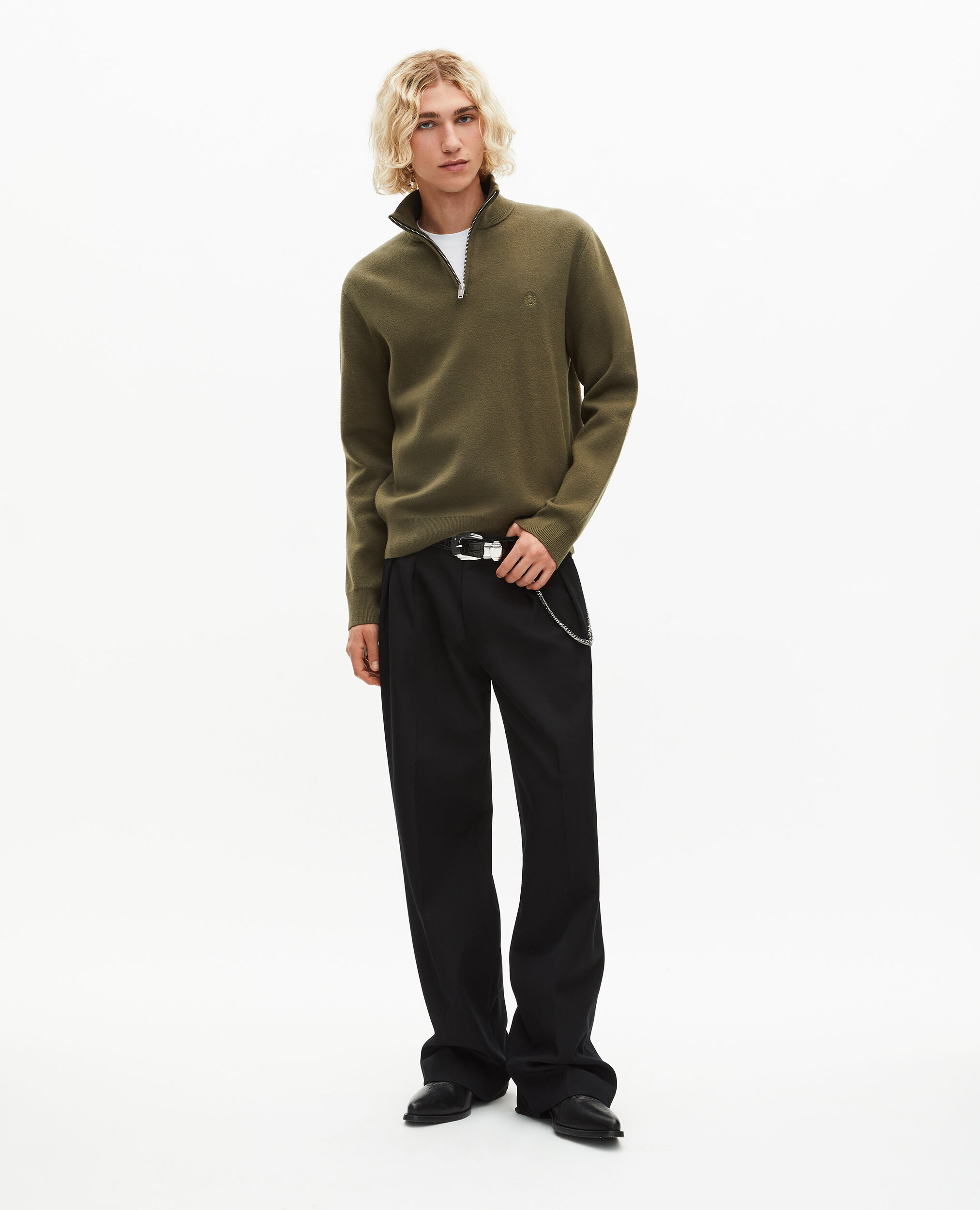 Pull col camionneur en laine double face kaki