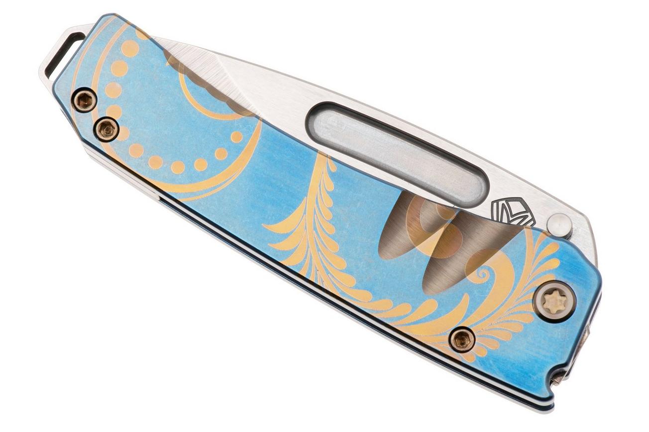 Medford Midi Marauder 25-MM-02, Tumbled S45VN Droppoint Blade, Blue Bronze Grooves Scallops, Laurel Leaf Filigree Handle, Bronze Hardware zakmes