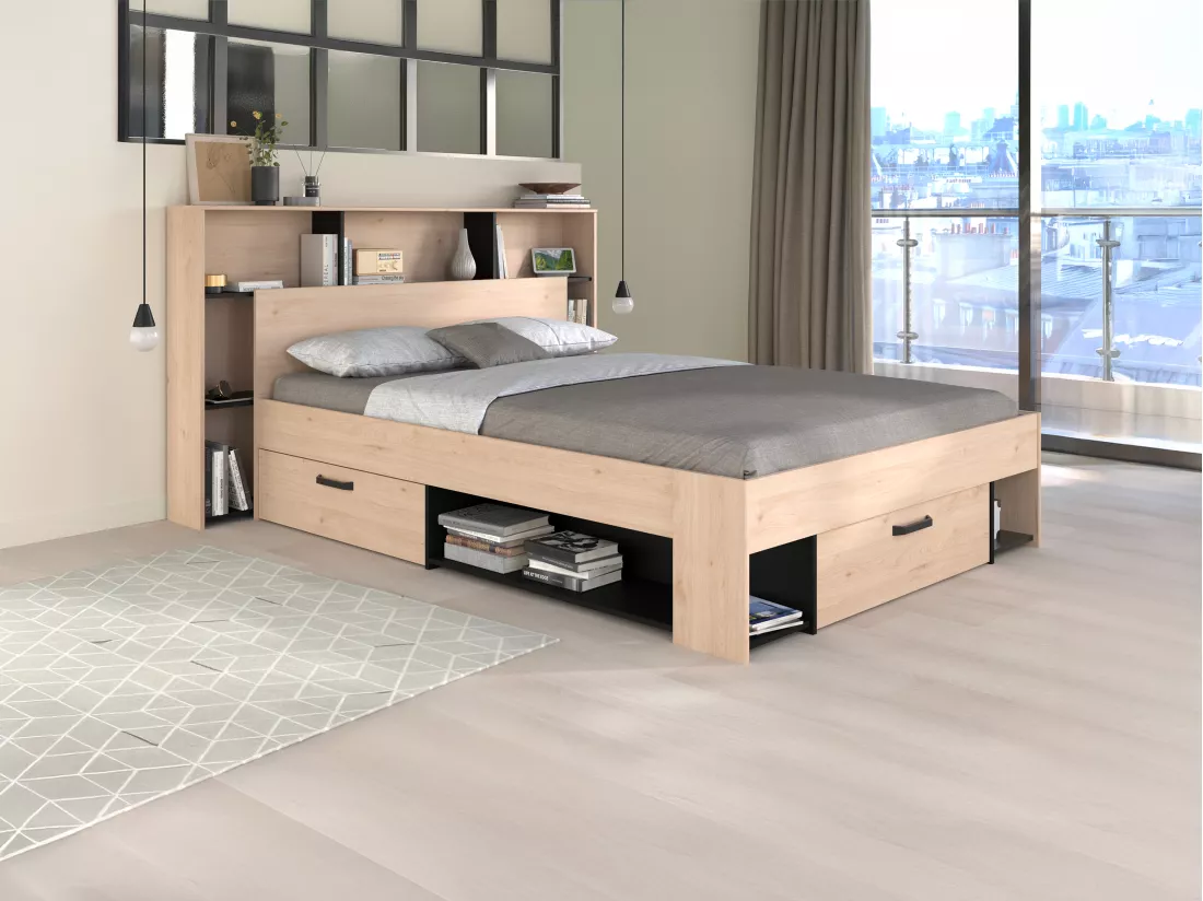 Lit 140 x 190/200 cm avec tête de lit et rangements - Coloris : Naturel et noir + Sommier - KINSELIA