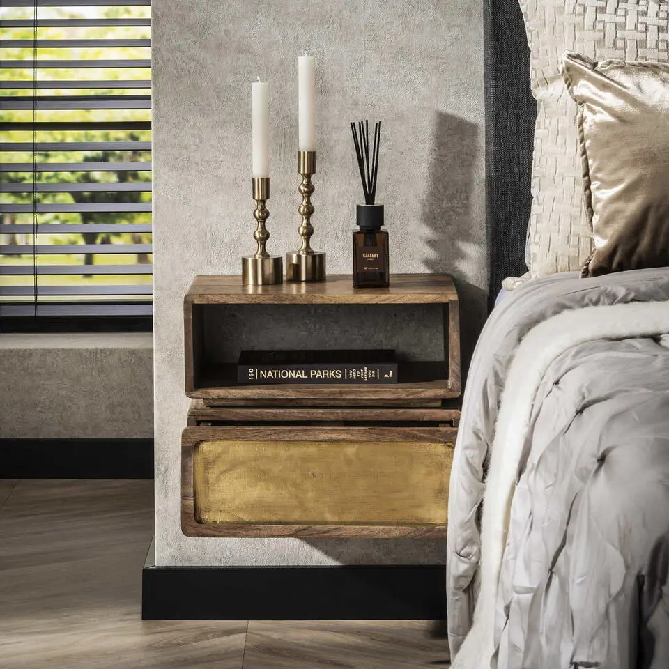 Nachtkastje Naturel Hout - 40x30x33cm - Brass