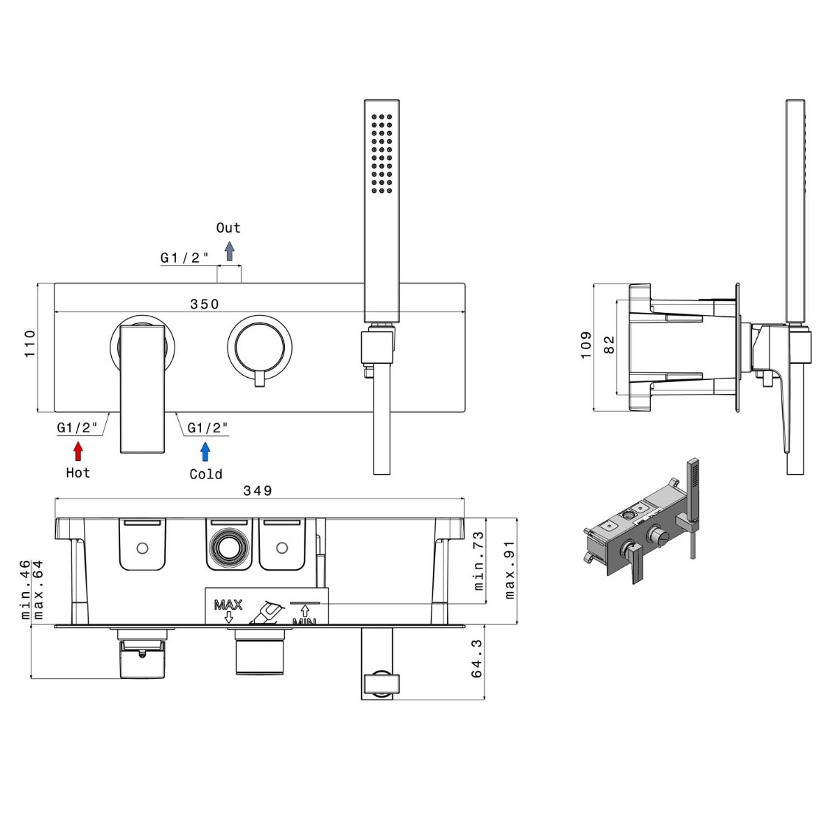 Sapho Dimy 2-wegs douchemengkraan met handdouche zwart mat