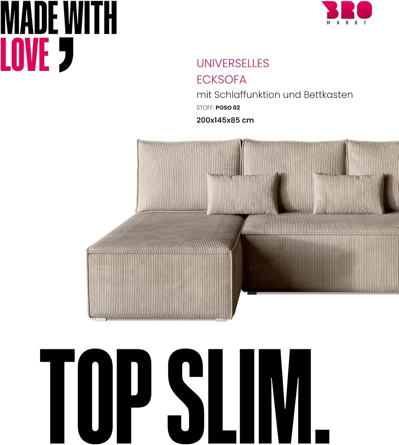 BROMARKT Ecksofa mit Schlaffunktion Sofa l Form Couch mit Bettkasten Wohnzimmer Möbel Cord Schlafsofa Wohnlandschaft Sofa 3 sitzer TOP 200x85x145 cm Beige