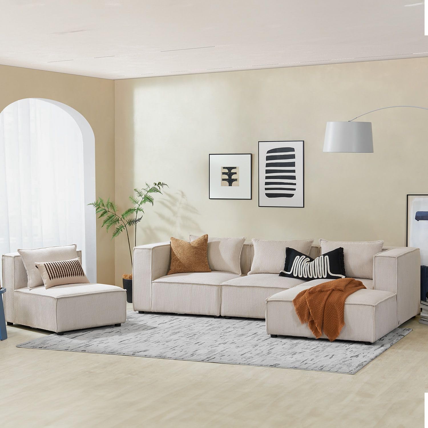 Juskys Mittelsofa Domas - modulares Sofa in Cord Beige - Wohnzimmer Couch mit Kissen - Modulsofa 130 kg belastbar - Sofagarnitur Wohnlandschaft