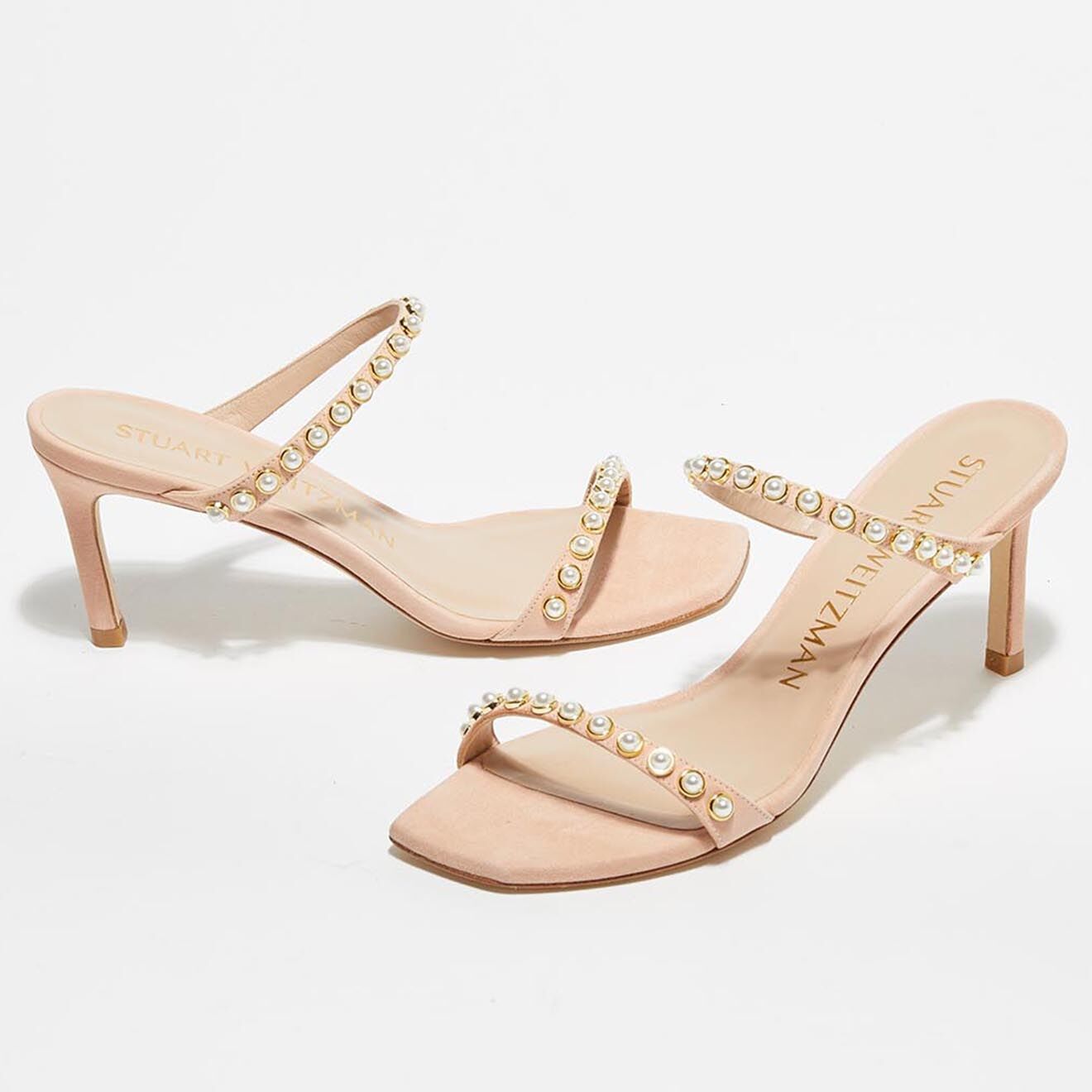Stuart Weitzman Sandales en Velours de Cuir Aleena rose poudré - Talon 7,5 cm