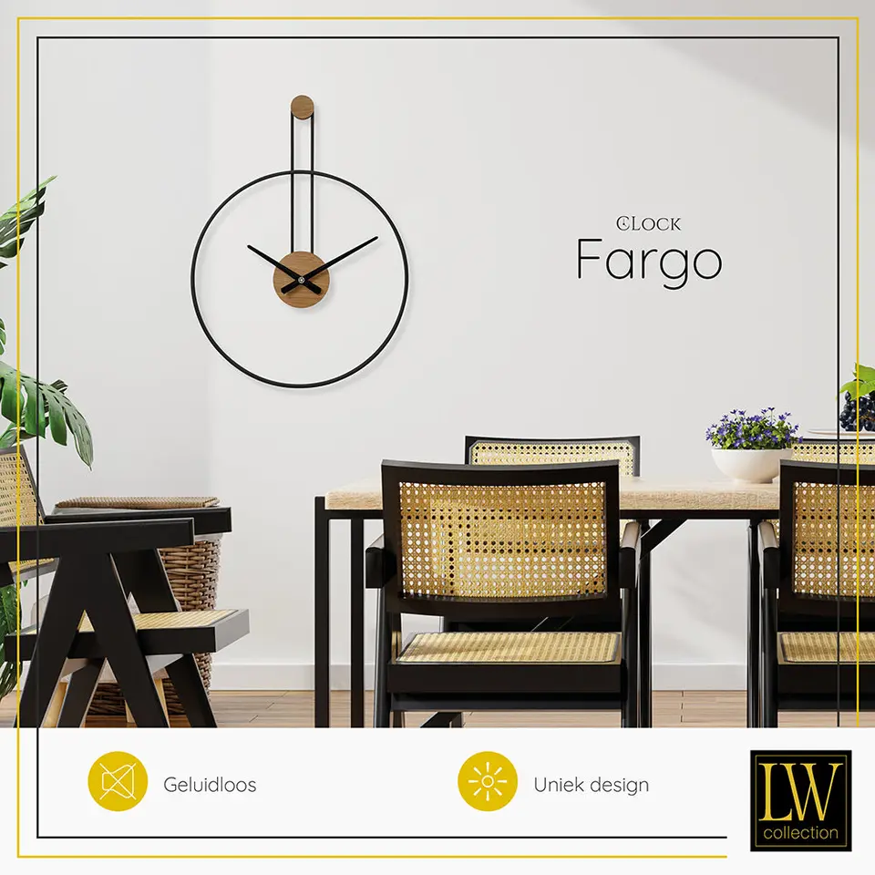 LW Collection Wandklok Fargo zwart 55cm