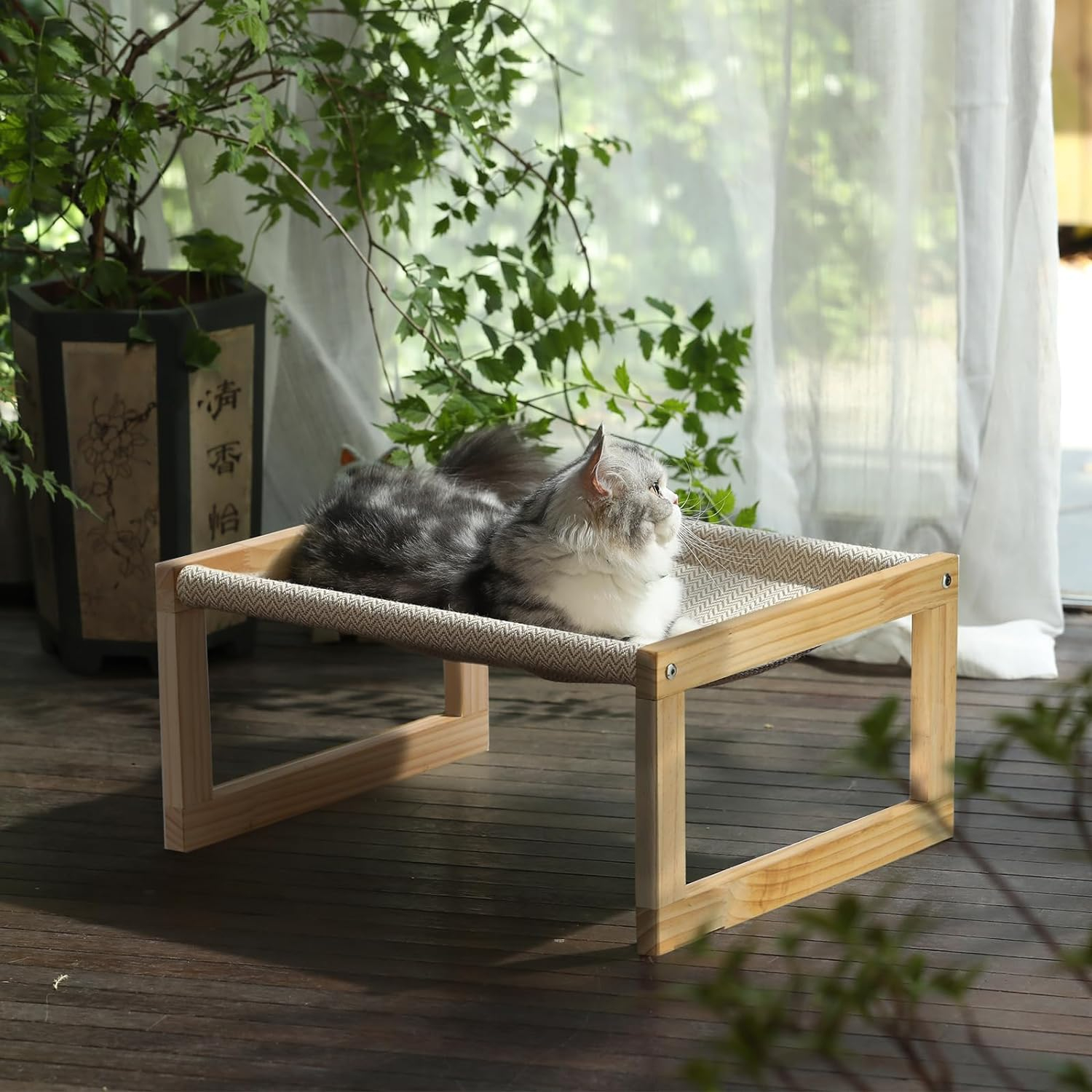 (52x42cm) Holz Katzen Hängematte Erhöhtes Haustier Bett Hunde Hängeliege - Beige
