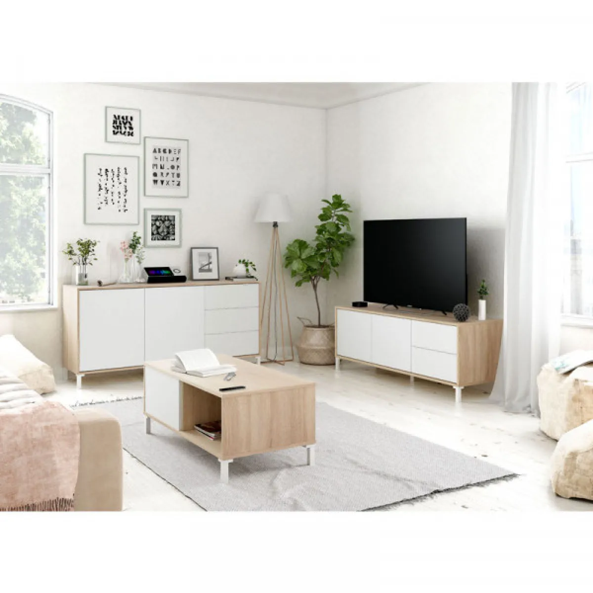 Dansmamaison Meuble TV MEZA - Blanc/Chêne