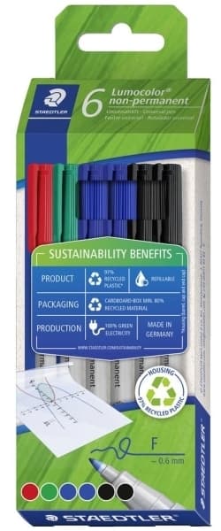 Staedtler Lumocolor Non-Permanent, 6 stykker, Sort, Blå, Grønn, Rød, Rund, Fint, 0,6 mm, Vann-basert blekk