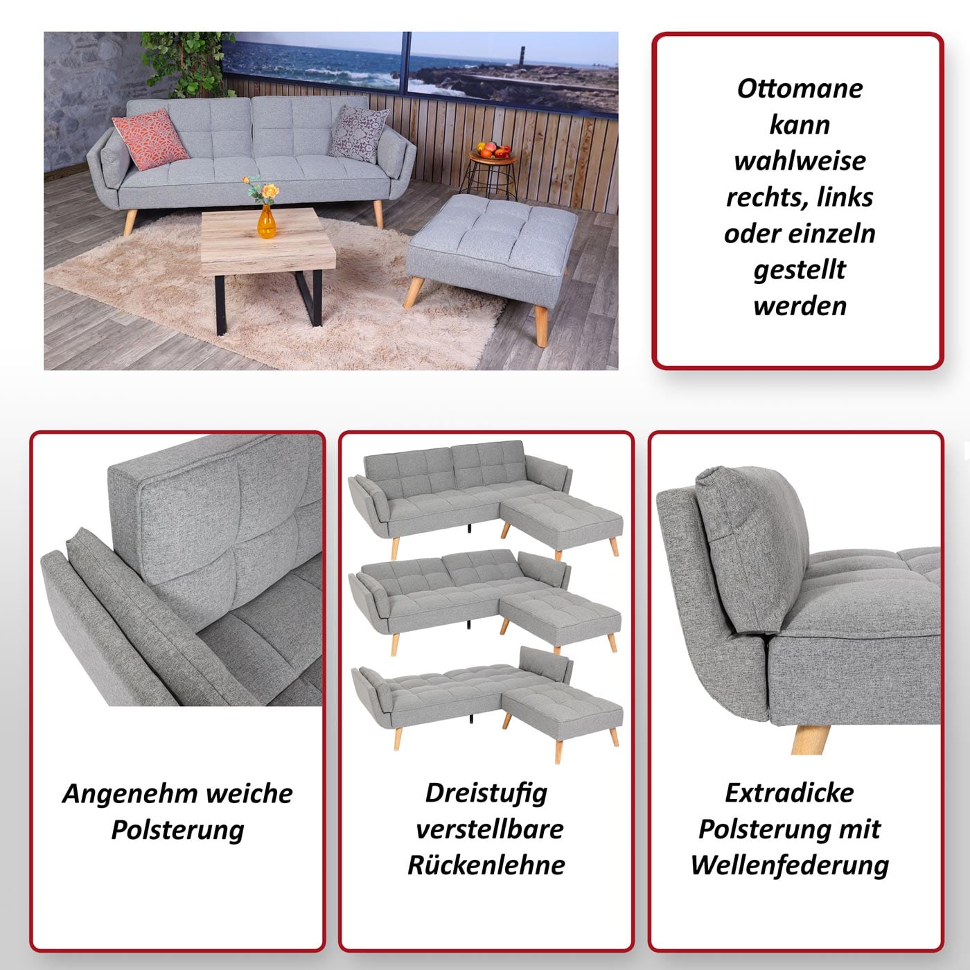 Schlafsofa MCW-K18 mit Ottomane, Couch Sofa Gästebett, Schlaffunktion 218x175cm ~ Stoff/Textil hellgrau