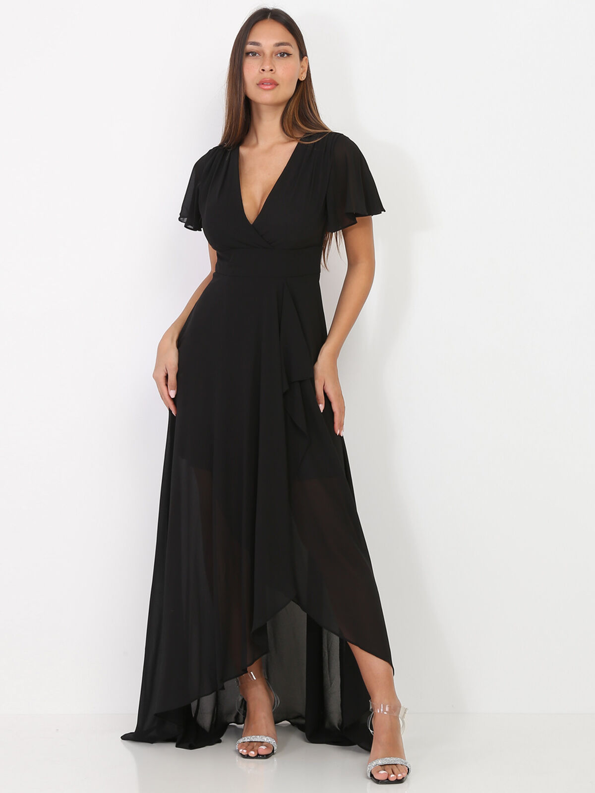 Robe portefeuille à manches papillons- Noir