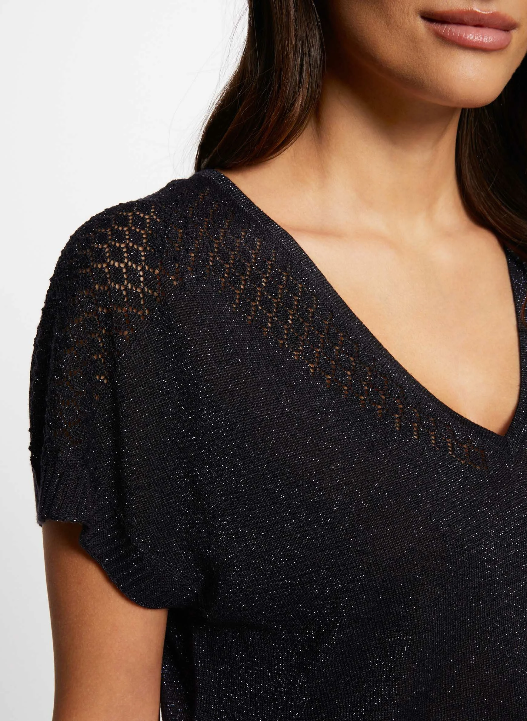 MFIRENZ - Tee-shirt col V ajouré à fils métallisés| Bleu