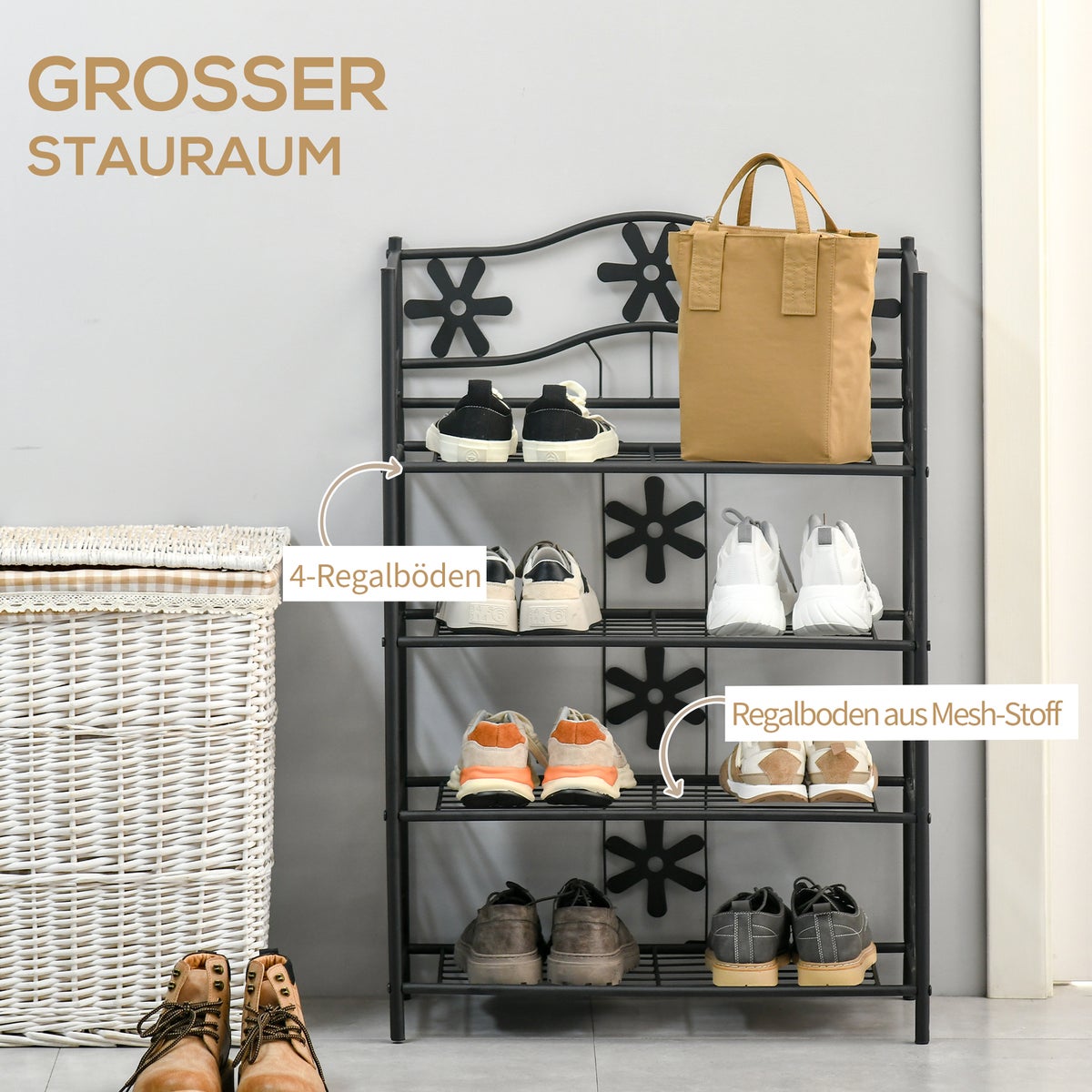 HOMCOM Plantenplank, schoenenrek, bloemenplank, plantenstandaard, 4-laags metaal, zwart, 59,5 x 30 x 92 cm