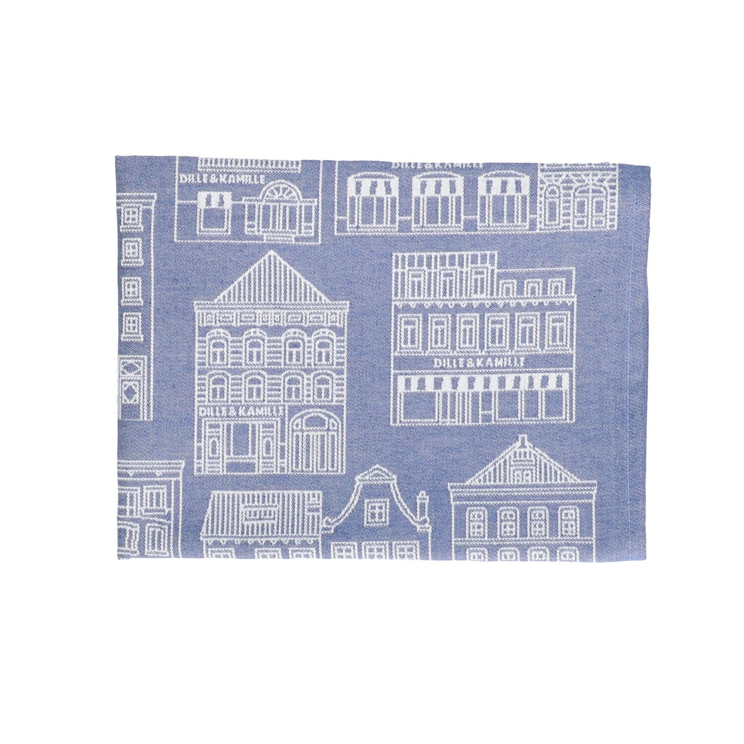 Theedoek, katoen, blauw/wit met gevelmotief