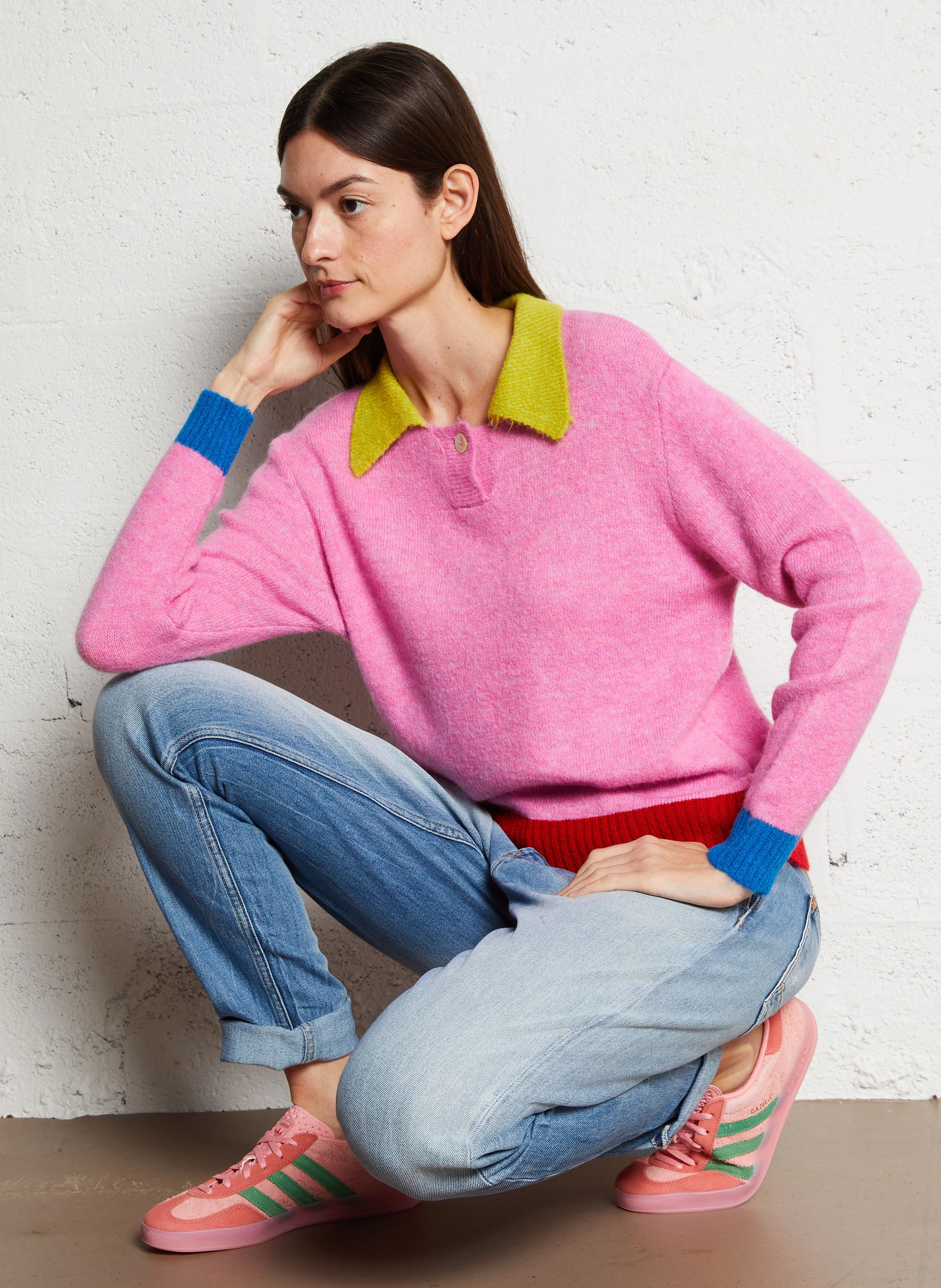 DANZA - Pull droit col classique tricolore | Rose