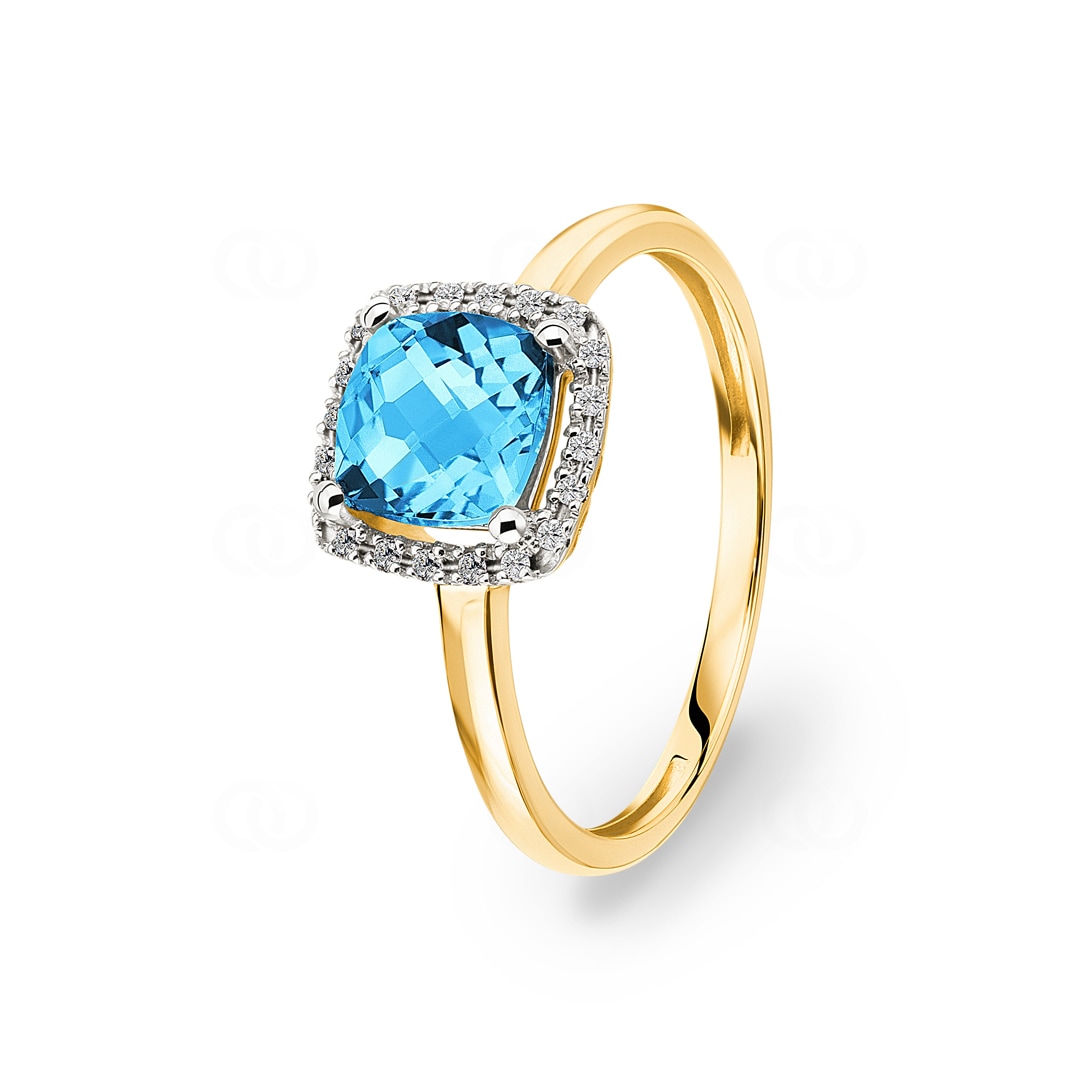 Damenring 750/18 K Gelbgold mit Blautopas Kissen und Diamanten 0.06 ct H/si