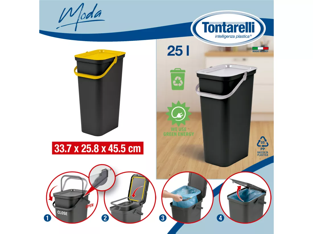 Set de 4 poubelles 25L avec poignée en vert, blanc, ambre et bleu