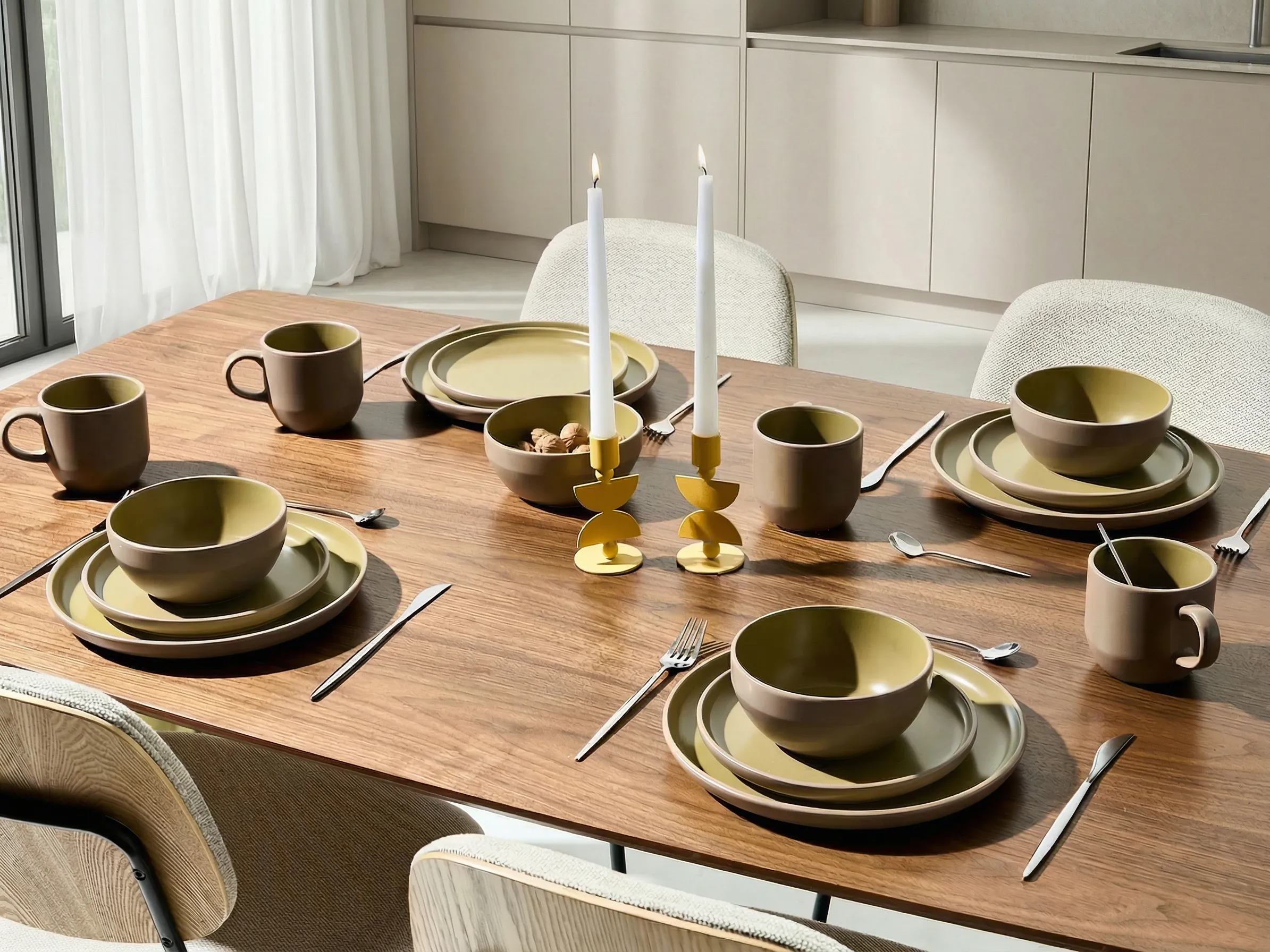 16-delige serviesset NUTMEG Steengoed Beige/groen