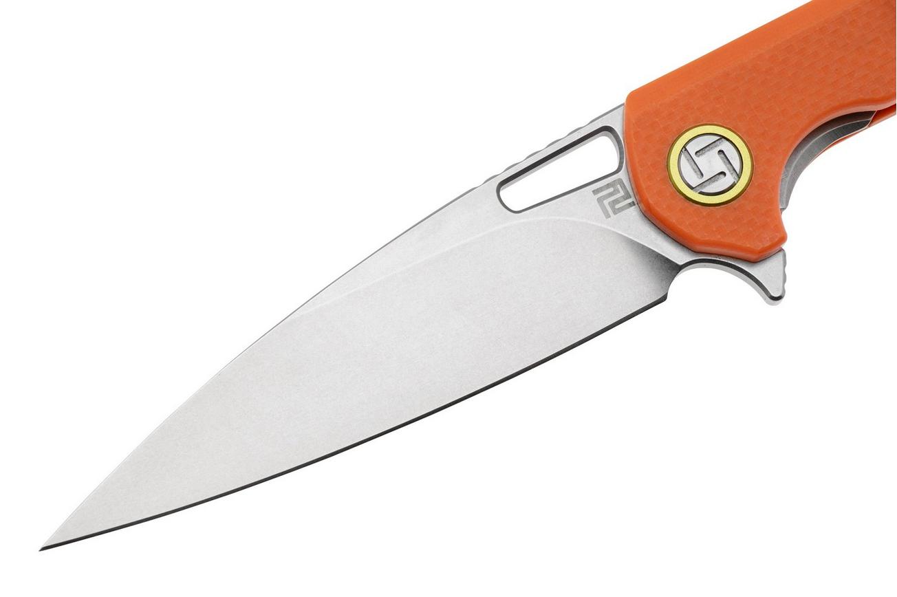 Artisan Cutlery Archaeo 1821P-OEF, Stonewashed D2, Orange G10 zakmes, Dylan Mallery design