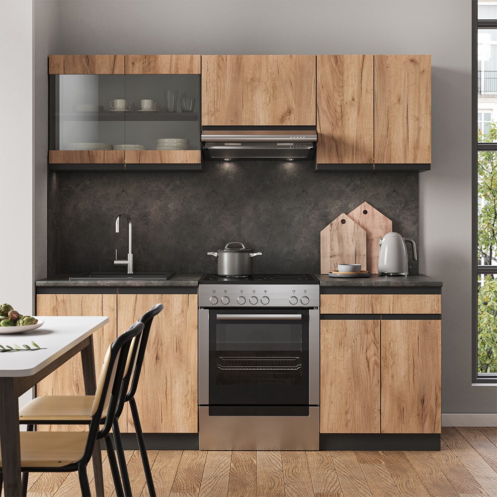 Vicco Küchenzeile Küchenblock Einbauküche R-Line J-Shape Anthrazit Eiche 200 cm modern Küchenschränke Küchenmöbel