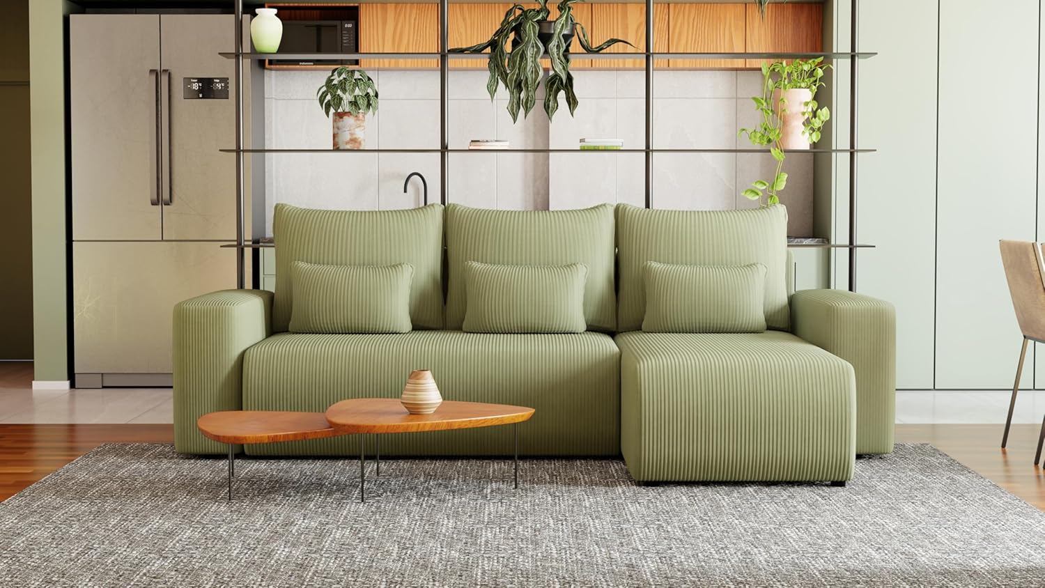 Ecksofa mit Schlaffunktion Travis 248x148 cm - Couch - Sofa mit Bettkasten - Eckcouch - L-Form - Schlaffsofa - Cord - Universal (Poso 47 Pistachio, L-Form)