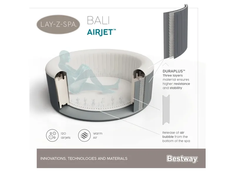 Bestway 60009, 669 L, 4 person(er), Rund, Boble/Jet massage, Acrylonitrilbutadienstyren, PVC, Grå, Hvid