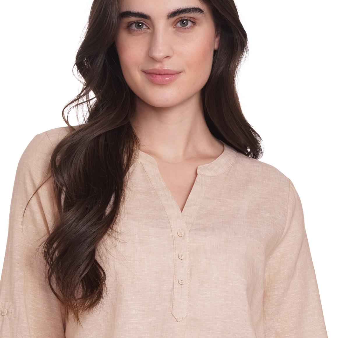 Gina Damen Leinen-Bluse mit Serafino-Ausschnitt hellbraun