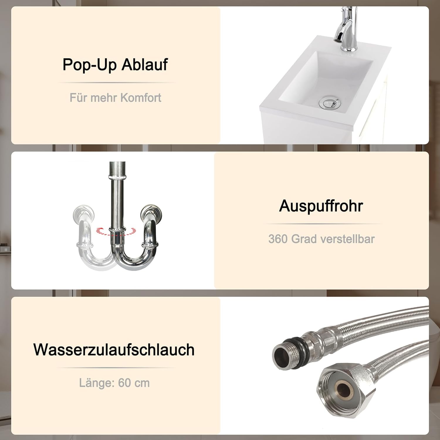 UEV Waschtisch mit Unterschrank 40,6cm, Gäste-WC Waschtisch, Waschbecken mit Unterschrank, Waschtischunterschrank hängend, Waschplatz, Badmöbel Set für Badezimmer,Weiß