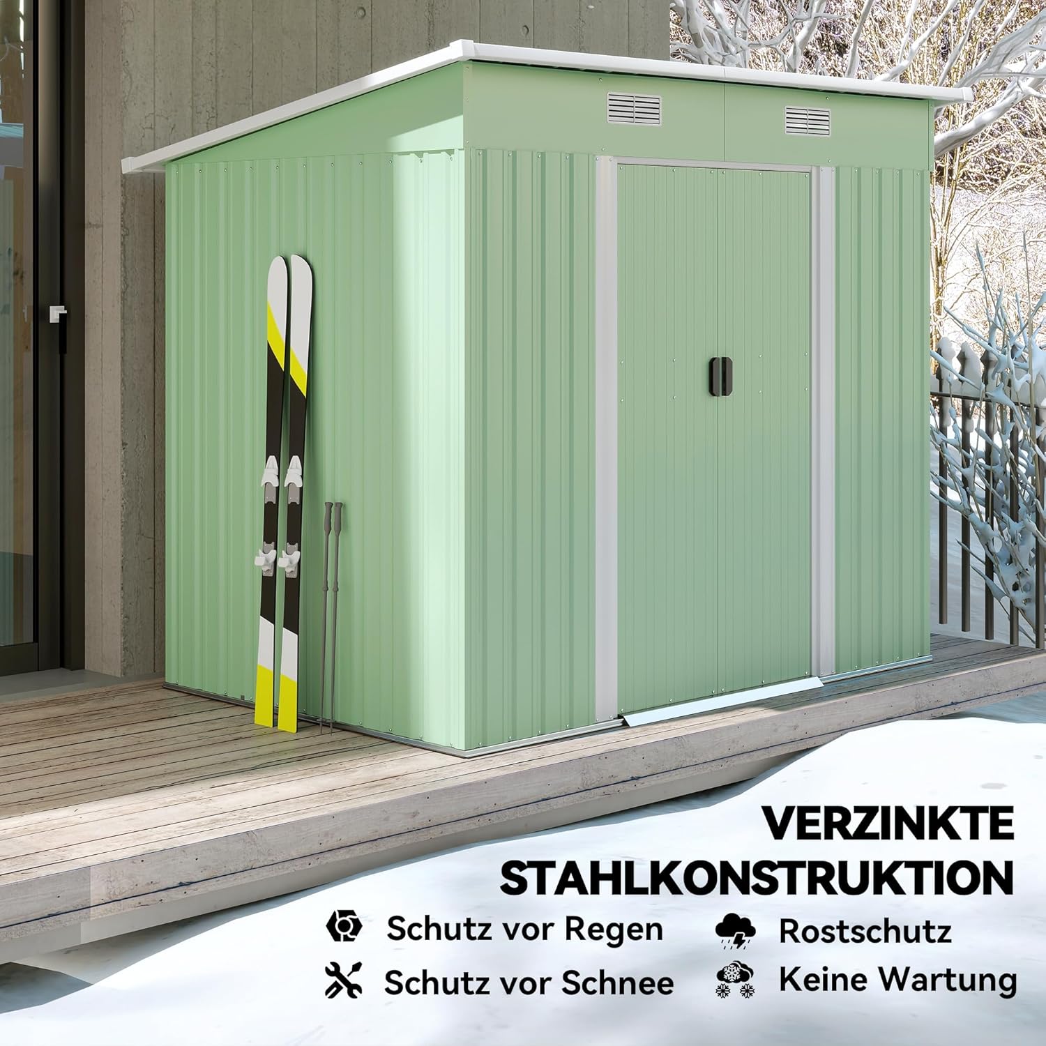 Outsunny Gerätehaus 2,3 m² 207 x 130 x 182 cm Metall Garten Schuppen mit Fenster Pultdach Schiebetüren Fundament wetterfest Geräteschuppen Outdoor Gartenhaus für Hinterhof Grün