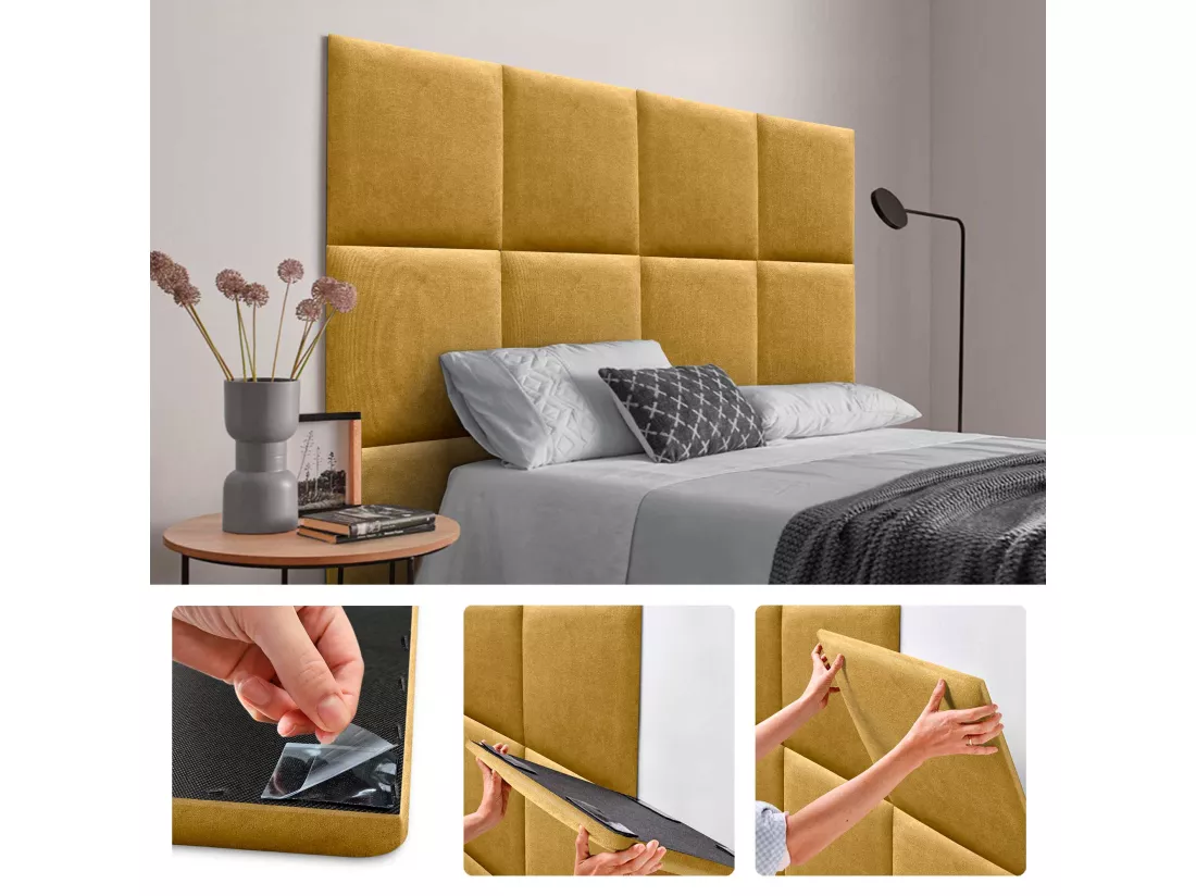 DHOME Lot de 6 Panneaux Rembourrés en Tissu Aqualine Autocollants pour Mur Acoustiques Absorbants Protection contre les Chocs (Moutarde, 50x50cm, x6)