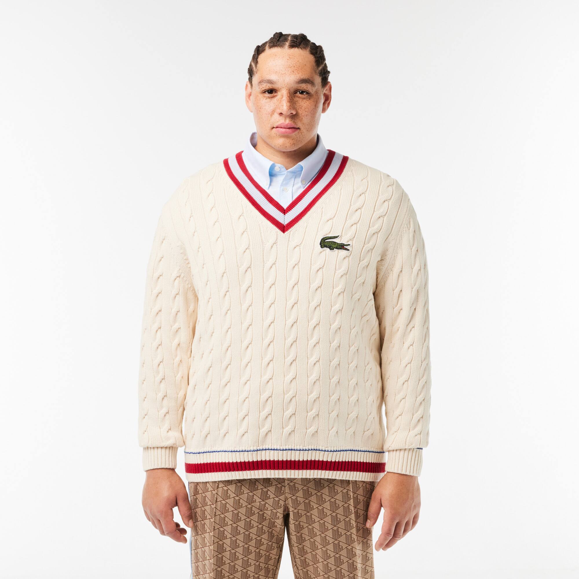 Unisex LACOSTE Pullover im Zopfmuster aus Bio-Baumwolle mit V-Ausschnitt Pullover - Weiss - Lacoste - Unisex