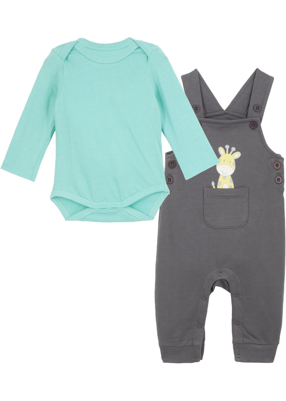 Body manches longues + salopette bébé en sweat en coton (Ens. 2 pces.)