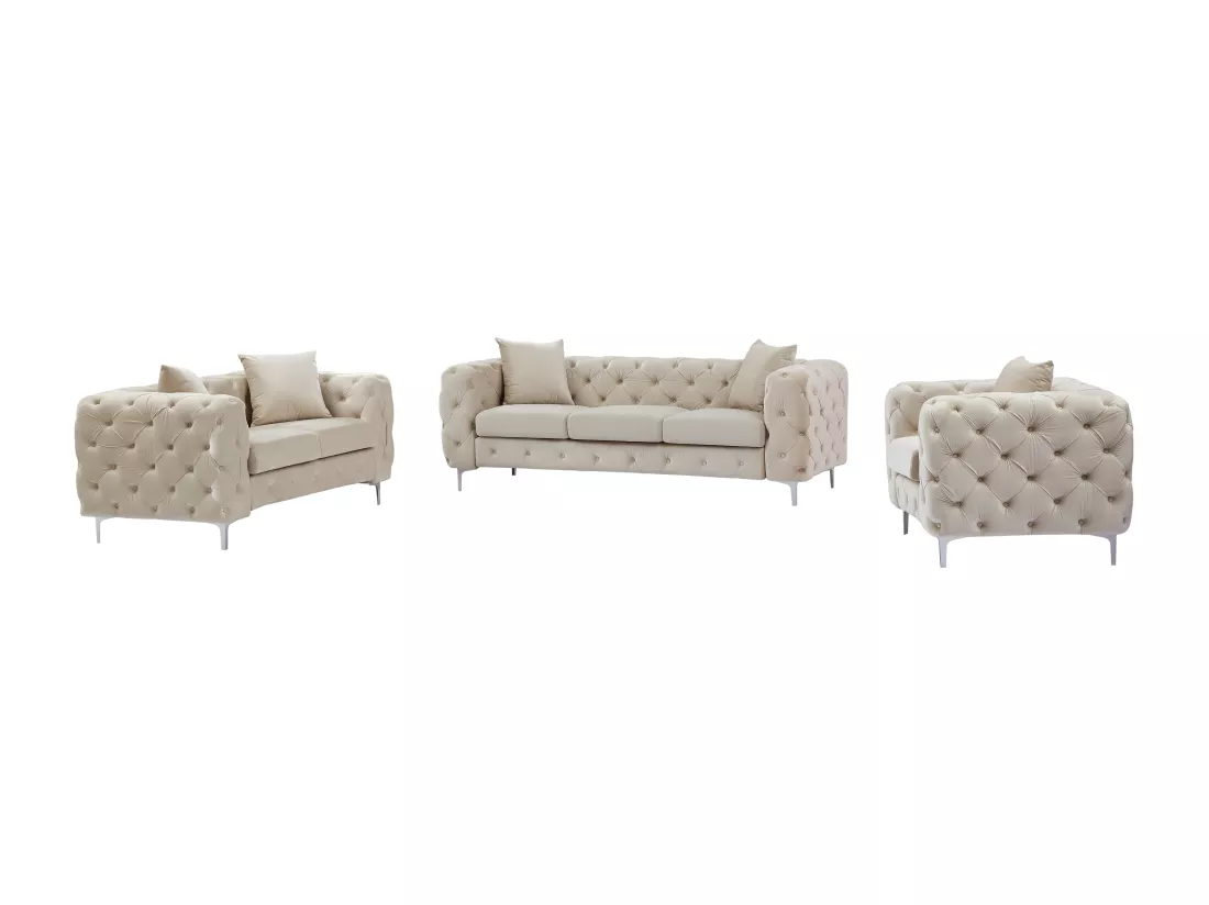 Canapé 3 places, 2 places et fauteuil chesterfield en velours beige EDWINA