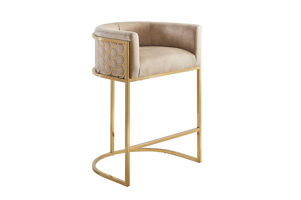 Stilvoller Barhocker ELEGANCE beige Samt gold Edelstahl mit Armlehne und Fußablage