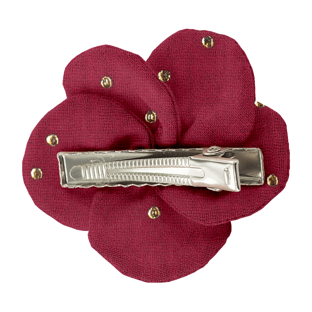 Petite Barrette Pétales De Fleur Gaze Pois Or Grenat