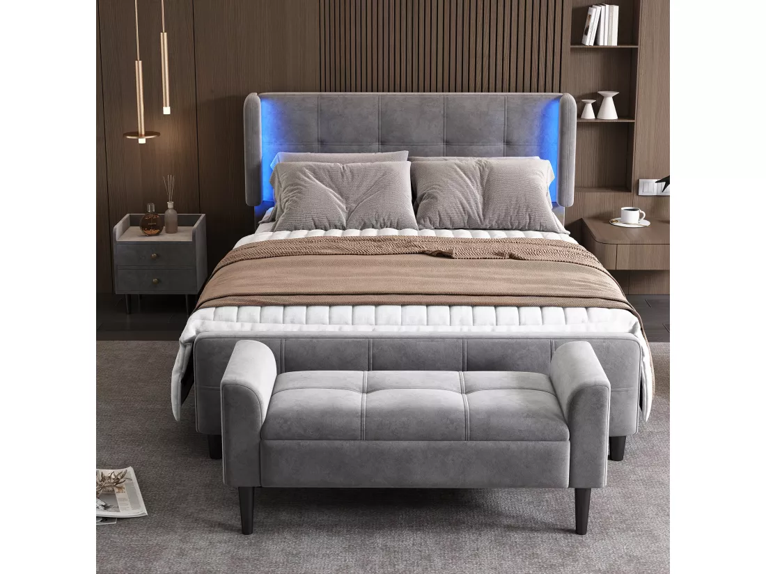 Ensemble lit 140 x 200 cm - tissu velours - table de chevet + bout de lit - sommier à lattes - coloris : gris