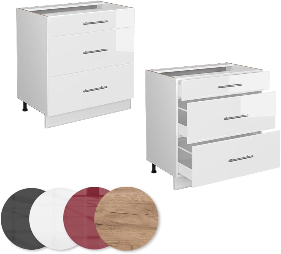 Vicco Küchenunterschrank Fame-Line, Weiß Hochglanz/Weiß, 80 cm mit 3 Schubladen, ohne Arbeitsplatte