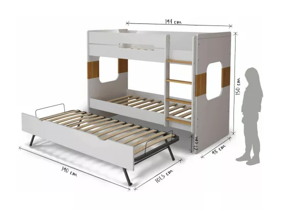 Pack lit superposé gigogne avec 2 matelas 90x190 cm panneaux de fibres blanc LEJI