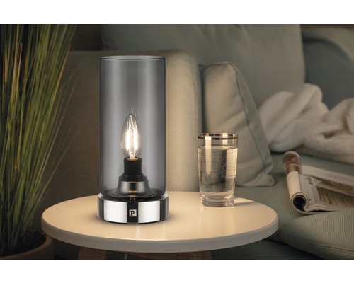 Pinja tafellamp met één lamp, HxØ 24,4x11 cm, chroom/rookglas