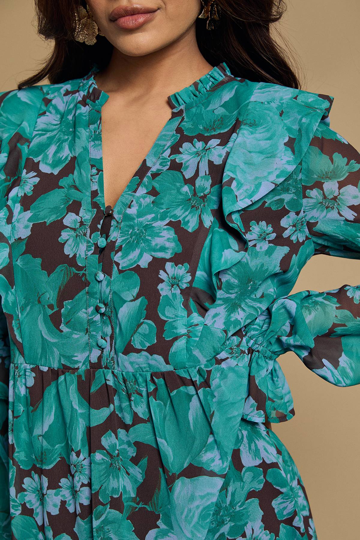 Oasis Robe Maxi Étagée En Mousseline À Volants Et Manches Longues Petite Taille