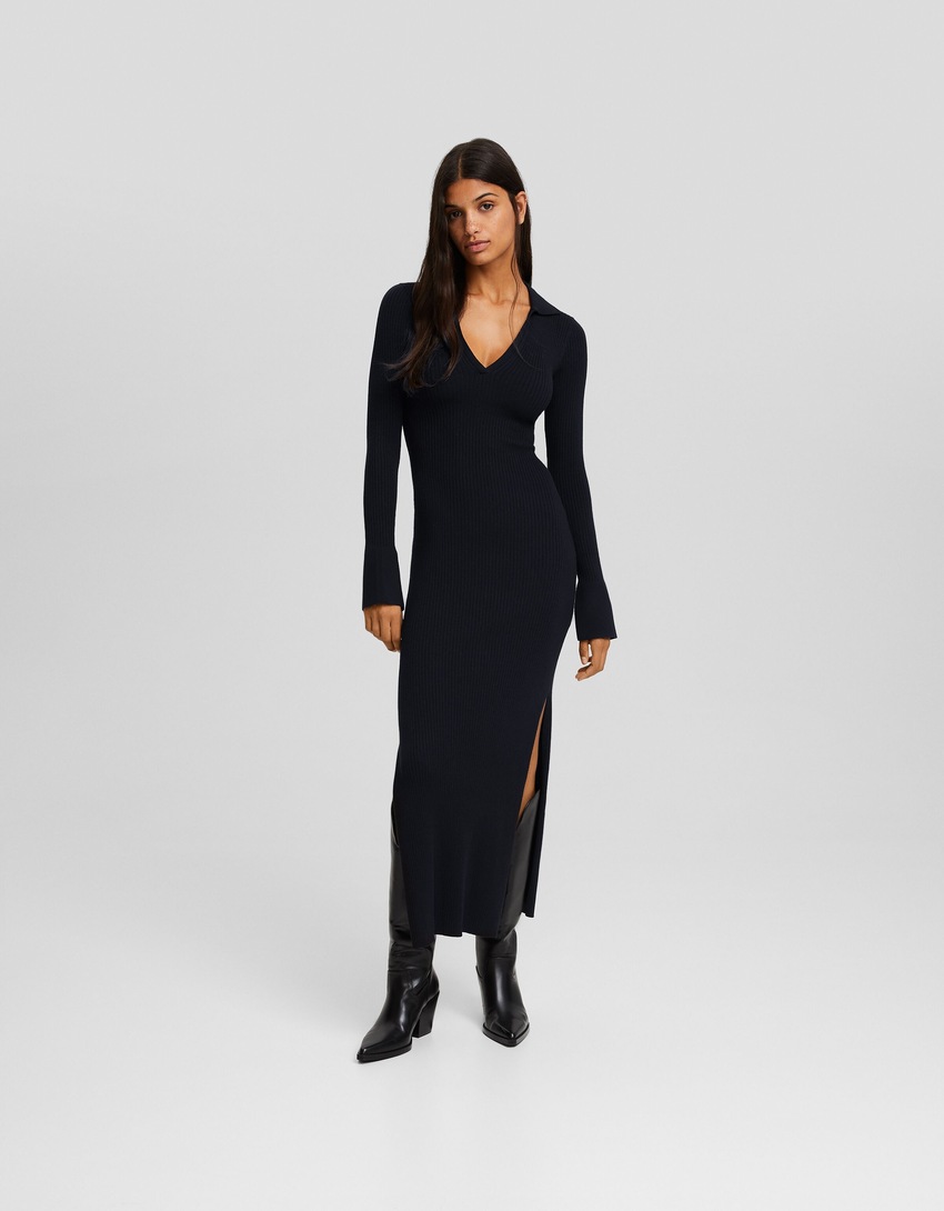 Vestido midi de manga comprida com gola polo